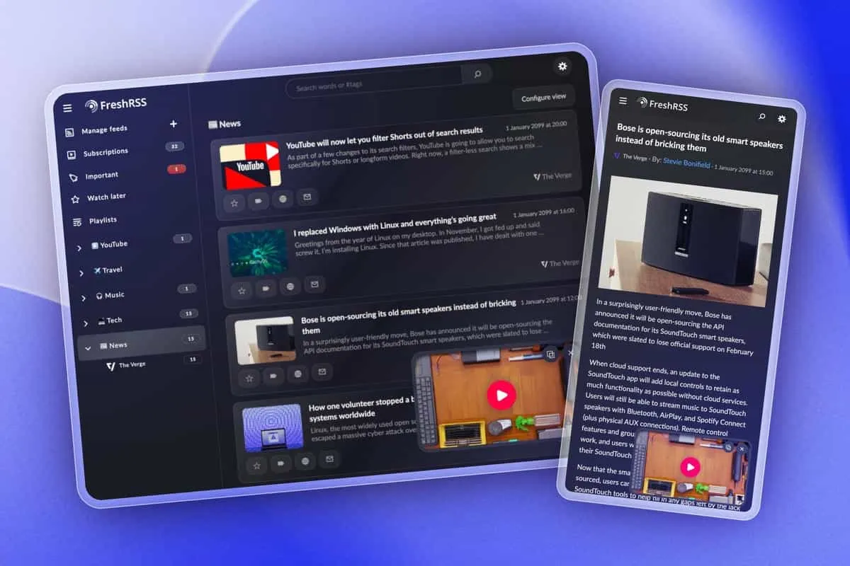 Interface épurée de YouTube via FreshRSS et Youlag