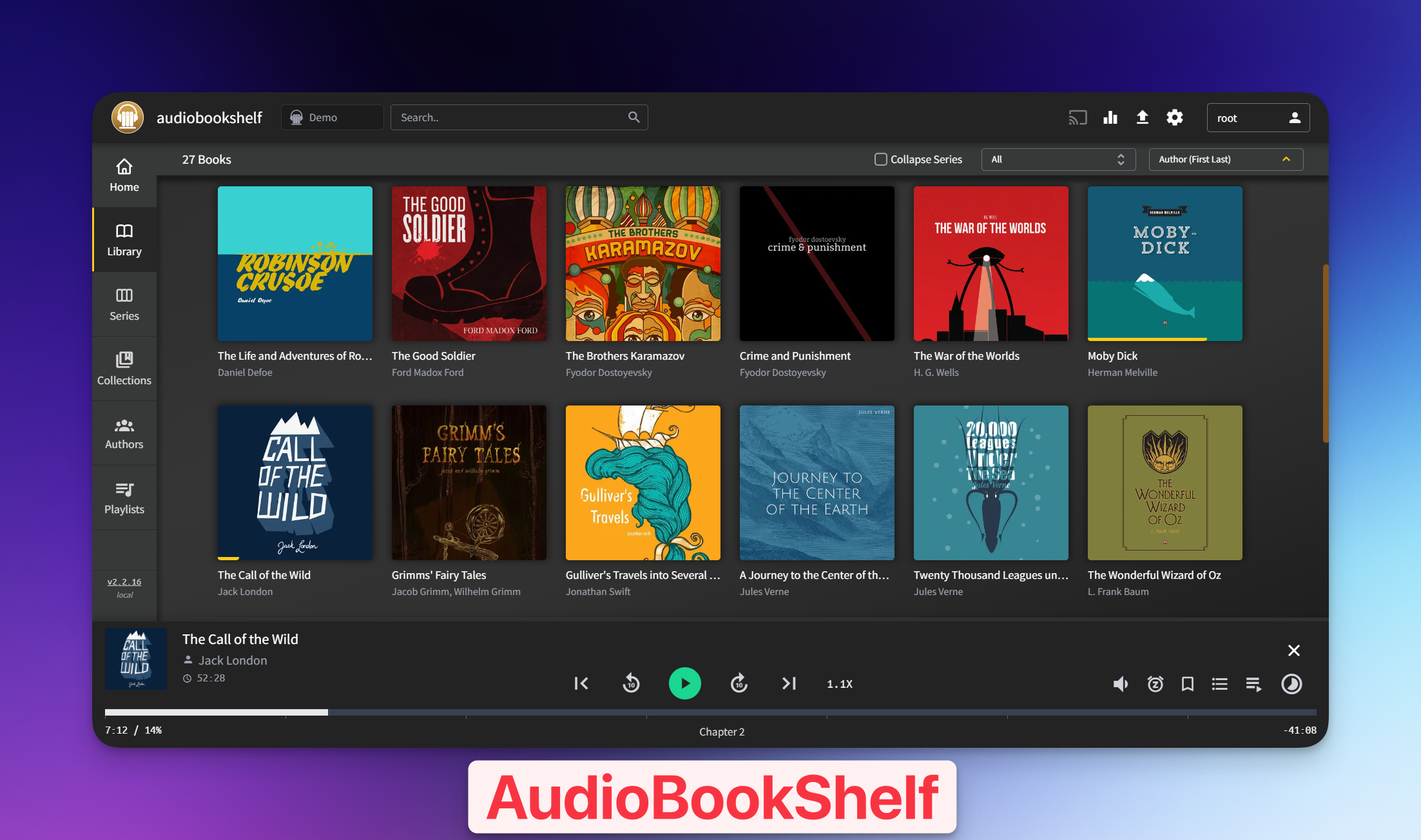 Interface Audiobookshelf montrant une bibliothèque de livres audio