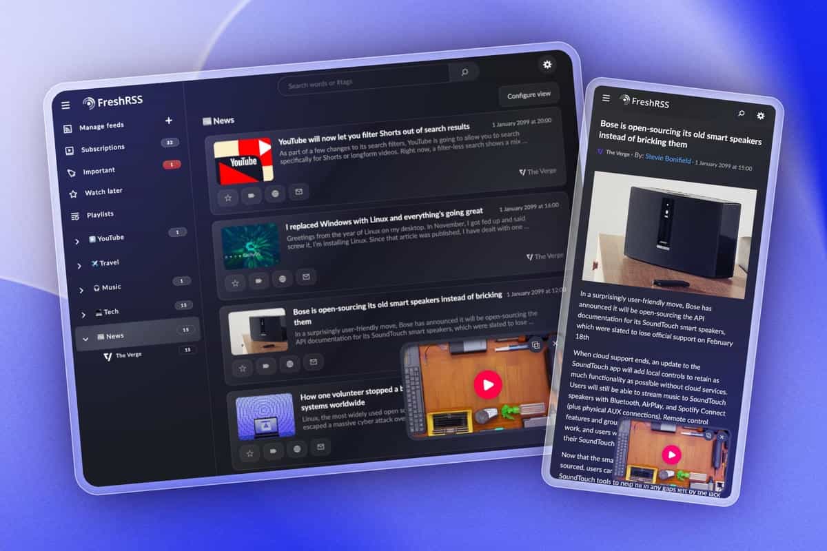 Interface épurée de YouTube via FreshRSS et Youlag