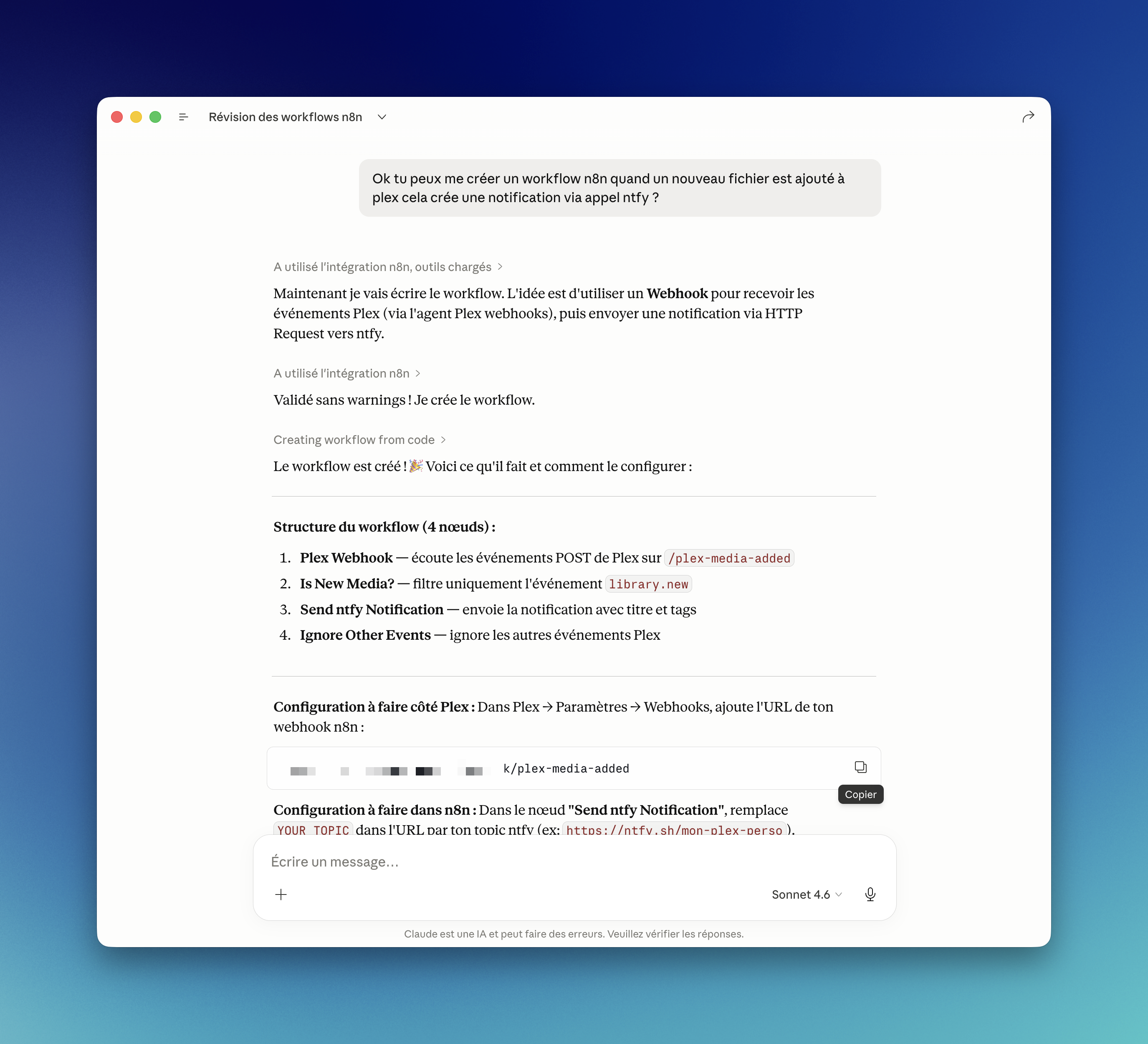 Workflow créé visible dans n8n